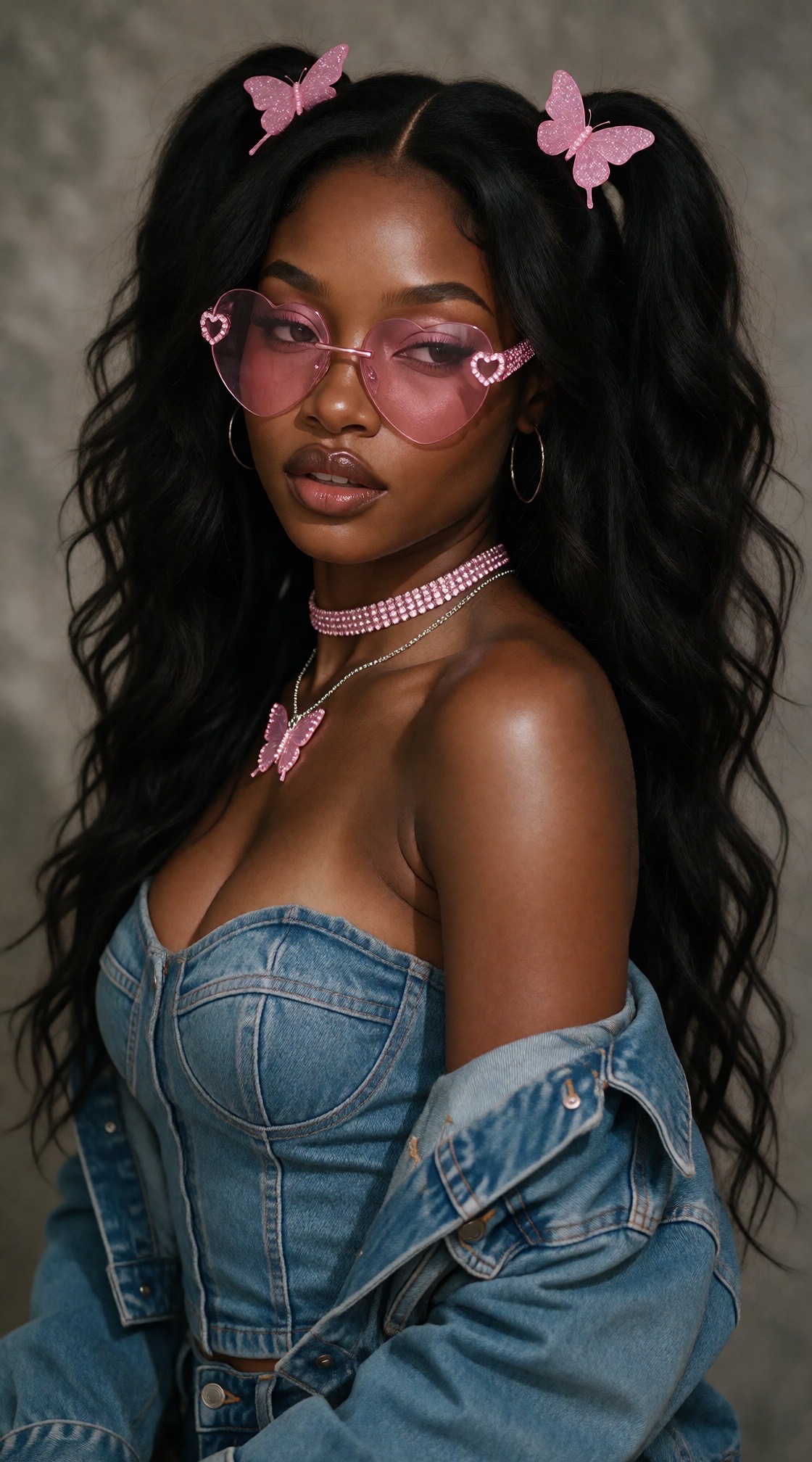 Paris Laurent portrait in denim and pink accessories
